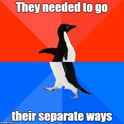 Socially Awesome Awkward Penguin Meme | They needed to go their separate ways | image tagged in memes,socially awesome awkward penguin | made w/ Imgflip meme maker