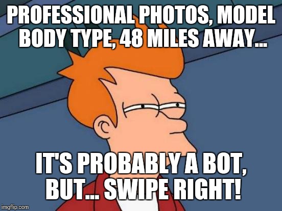 Futurama Fry | PROFESSIONAL PHOTOS, MODEL BODY TYPE, 48 MILES AWAY... IT'S PROBABLY A BOT, BUT... SWIPE RIGHT! | image tagged in memes,futurama fry,tinder | made w/ Imgflip meme maker