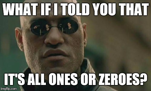 Matrix Morpheus Meme | WHAT IF I TOLD YOU THAT IT'S ALL ONES OR ZEROES? | image tagged in memes,matrix morpheus | made w/ Imgflip meme maker