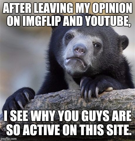 Confession Bear | AFTER LEAVING MY OPINION ON IMGFLIP AND YOUTUBE, I SEE WHY YOU GUYS ARE SO ACTIVE ON THIS SITE. | image tagged in memes,confession bear,imgflip,youtube | made w/ Imgflip meme maker