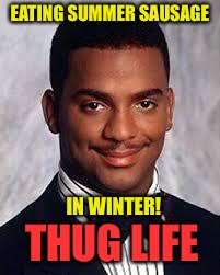 Thug Life | EATING SUMMER SAUSAGE; IN WINTER! THUG LIFE | image tagged in thug life,summer sausage,memes,eat in winter | made w/ Imgflip meme maker
