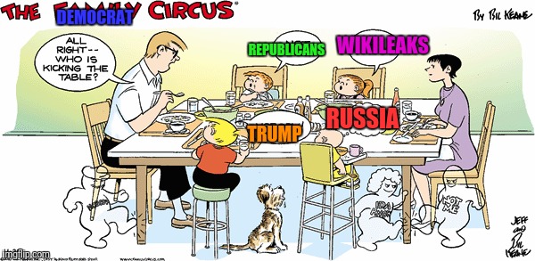 Who's to Blame?  Not Me - Ida Know - Nobody | DEMOCRAT; WIKILEAKS; REPUBLICANS; RUSSIA; TRUMP | image tagged in family,circus | made w/ Imgflip meme maker