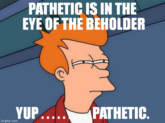 Futurama Fry Meme | PATHETIC IS IN THE EYE OF THE BEHOLDER; YUP . . . . . . . . .  PATHETIC. | image tagged in memes,futurama fry | made w/ Imgflip meme maker