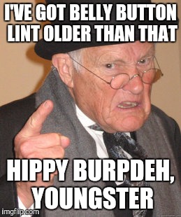 Back In My Day Meme | I'VE GOT BELLY BUTTON LINT OLDER THAN THAT HIPPY BURPDEH, YOUNGSTER | image tagged in memes,back in my day | made w/ Imgflip meme maker