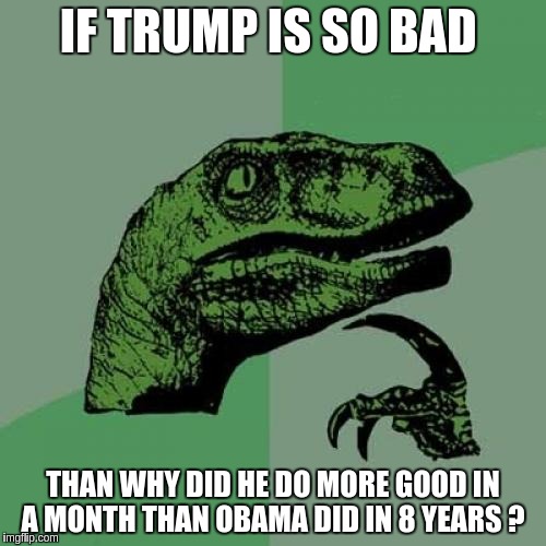 Philosoraptor | IF TRUMP IS SO BAD; THAN WHY DID HE DO MORE GOOD IN A MONTH THAN OBAMA DID IN 8 YEARS ? | image tagged in memes,philosoraptor | made w/ Imgflip meme maker