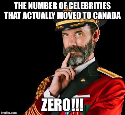 captain obvious | THE NUMBER OF CELEBRITIES THAT ACTUALLY MOVED TO CANADA; ZERO!!! | image tagged in captain obvious | made w/ Imgflip meme maker
