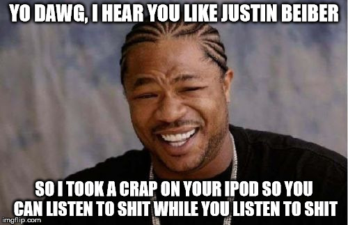 Yo Dawg Heard You Meme | YO DAWG, I HEAR YOU LIKE JUSTIN BEIBER; SO I TOOK A CRAP ON YOUR IPOD SO YOU CAN LISTEN TO SHIT WHILE YOU LISTEN TO SHIT | image tagged in memes,yo dawg heard you,nsfw,justin bieber | made w/ Imgflip meme maker