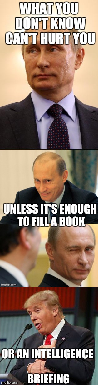 WHAT YOU DON'T KNOW CAN'T HURT YOU; UNLESS IT'S ENOUGH TO FILL A BOOK; OR AN INTELLIGENCE BRIEFING | image tagged in memes,bad pun putin,drumpf | made w/ Imgflip meme maker