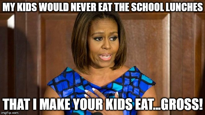 MY KIDS WOULD NEVER EAT THE SCHOOL LUNCHES; THAT I MAKE YOUR KIDS EAT...GROSS! | image tagged in michelle obama | made w/ Imgflip meme maker