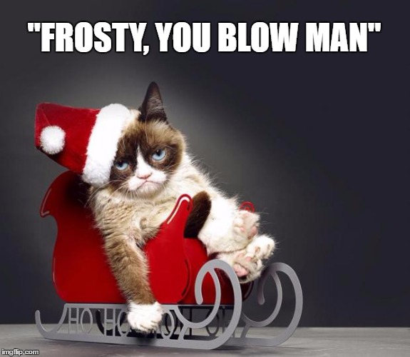 Grumpy Cat Christmas HD | "FROSTY, YOU BLOW MAN" | image tagged in grumpy cat christmas hd,grumpy cat,christmas,memes,funny memes | made w/ Imgflip meme maker