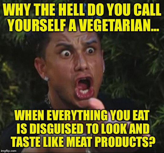 Vegetarian my ass! | WHY THE HELL DO YOU CALL YOURSELF A VEGETARIAN... WHEN EVERYTHING YOU EAT IS DISGUISED TO LOOK AND TASTE LIKE MEAT PRODUCTS? | image tagged in memes,dj pauly d,funny,vegetarian,meat,products | made w/ Imgflip meme maker
