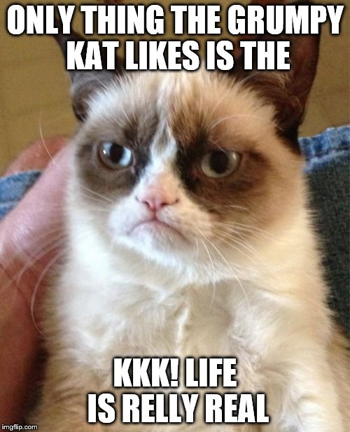 Grumpy Cat Meme | ONLY THING THE GRUMPY KAT LIKES IS THE; KKK! LIFE IS RELLY REAL | image tagged in memes,grumpy cat | made w/ Imgflip meme maker