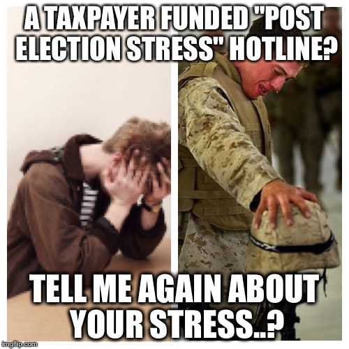 A TAXPAYER FUNDED "POST ELECTION STRESS" HOTLINE? TELL ME AGAIN ABOUT YOUR STRESS..? | image tagged in reality check | made w/ Imgflip meme maker