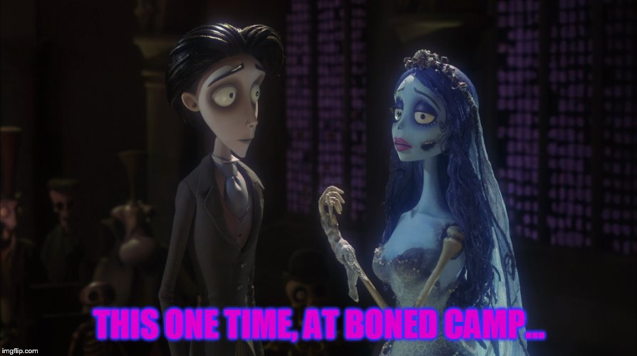 A timeless classic crossover: Reflections - The Corpse Bride / American Pie. No offense to you Tim Burton cultists! | THIS ONE TIME, AT BONED CAMP... | image tagged in american pie,tim burton,innuendo,funny memes,music,bad puns | made w/ Imgflip meme maker