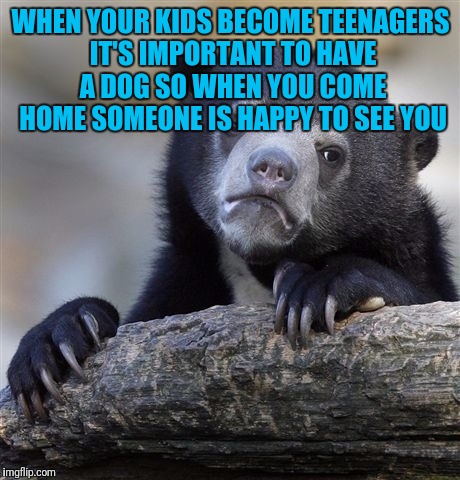 Confession Bear | WHEN YOUR KIDS BECOME TEENAGERS IT'S IMPORTANT TO HAVE A DOG SO WHEN YOU COME HOME SOMEONE IS HAPPY TO SEE YOU | image tagged in memes,confession bear | made w/ Imgflip meme maker