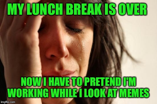 First World Problems | MY LUNCH BREAK IS OVER; NOW I HAVE TO PRETEND I'M WORKING WHILE I LOOK AT MEMES | image tagged in memes,first world problems | made w/ Imgflip meme maker