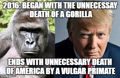 2016: BEGAN WITH THE UNNECESSAY DEATH OF A GORILLA; ENDS WITH UNNECESSARY DEATH OF AMERICA BY A VULGAR PRIMATE | image tagged in trump monkey | made w/ Imgflip meme maker