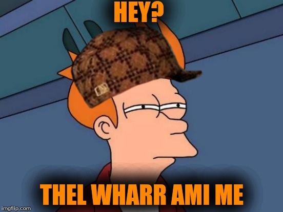 Futurama Fry Meme | HEY? THEL WHARR AMI ME | image tagged in memes,futurama fry,scumbag | made w/ Imgflip meme maker