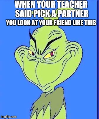 Good Grinch | WHEN YOUR TEACHER SAID PICK A PARTNER; YOU LOOK AT YOUR FRIEND LIKE THIS | image tagged in good grinch | made w/ Imgflip meme maker