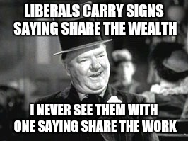 W. C. In Bar | LIBERALS CARRY SIGNS SAYING SHARE THE WEALTH; I NEVER SEE THEM WITH ONE SAYING SHARE THE WORK | image tagged in w c in bar | made w/ Imgflip meme maker