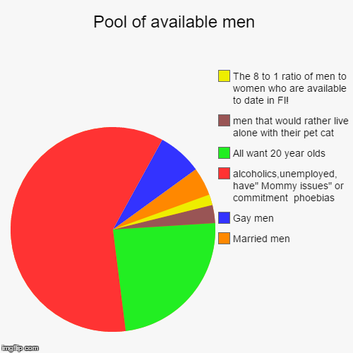 Pool of available men | Married men, Gay men, alcoholics,unemployed, have" Mommy issues" or commitment  phoebias, All want 20 year olds, men | image tagged in funny,pie charts | made w/ Imgflip chart maker