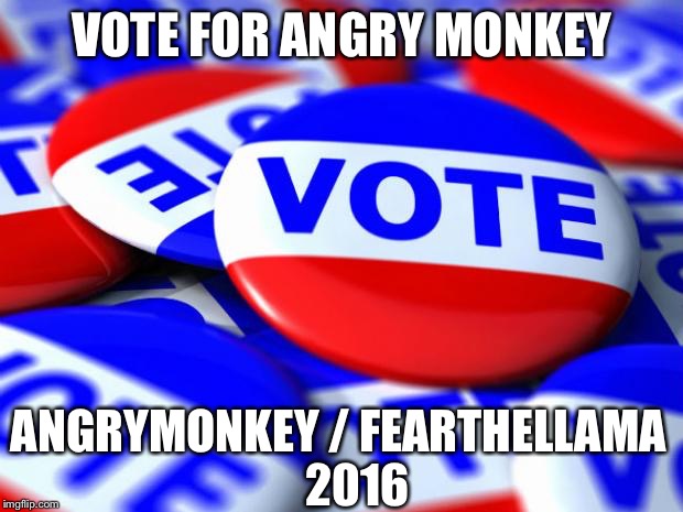 Vote | VOTE FOR ANGRY MONKEY; ANGRYMONKEY / FEARTHELLAMA 


2016 | image tagged in vote | made w/ Imgflip meme maker