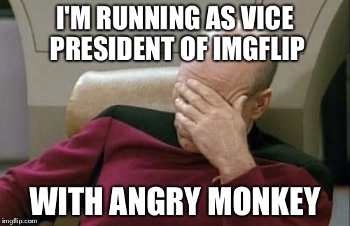 Captain Picard Facepalm Meme | I'M RUNNING AS VICE PRESIDENT OF IMGFLIP; WITH ANGRY MONKEY | image tagged in memes,captain picard facepalm | made w/ Imgflip meme maker