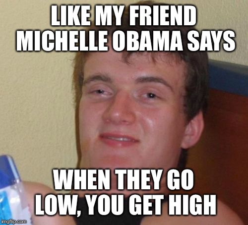10 Guy | LIKE MY FRIEND MICHELLE OBAMA SAYS; WHEN THEY GO LOW, YOU GET HIGH | image tagged in memes,10 guy | made w/ Imgflip meme maker