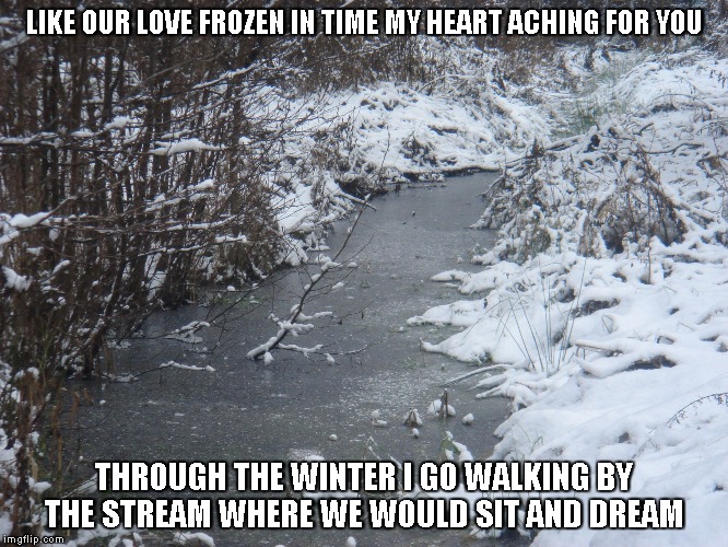 Frozen In Time | LIKE OUR LOVE FROZEN IN TIME MY HEART ACHING FOR YOU; THROUGH THE WINTER I GO
WALKING BY THE STREAM WHERE WE WOULD SIT AND DREAM | image tagged in winter,hearts,frozen streams,dreams,love | made w/ Imgflip meme maker
