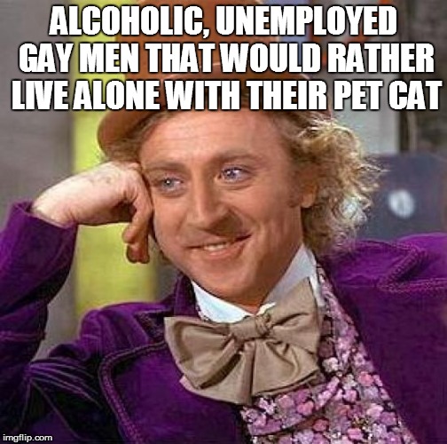 Creepy Condescending Wonka Meme | ALCOHOLIC, UNEMPLOYED GAY MEN THAT WOULD RATHER LIVE ALONE WITH THEIR PET CAT | image tagged in memes,creepy condescending wonka | made w/ Imgflip meme maker