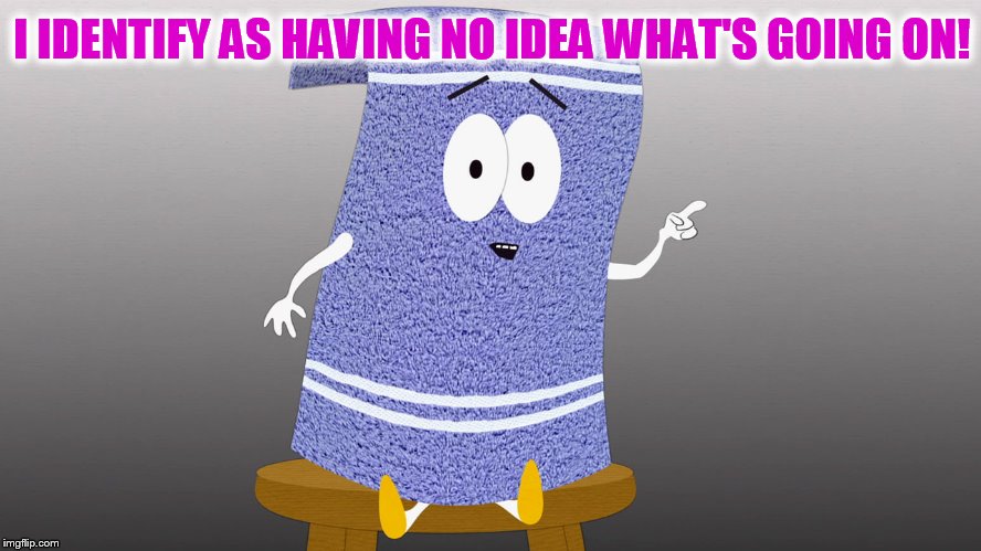 SouthPark Towelie But First | I IDENTIFY AS HAVING NO IDEA WHAT'S GOING ON! | image tagged in southpark towelie but first | made w/ Imgflip meme maker