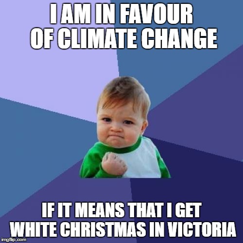 Success Kid Meme | I AM IN FAVOUR OF CLIMATE CHANGE; IF IT MEANS THAT I GET WHITE CHRISTMAS IN VICTORIA | image tagged in christmas | made w/ Imgflip meme maker