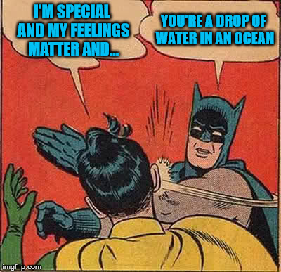 Batman Slapping Robin Meme | I'M SPECIAL AND MY FEELINGS MATTER AND... YOU'RE A DROP OF WATER IN AN OCEAN | image tagged in memes,batman slapping robin | made w/ Imgflip meme maker