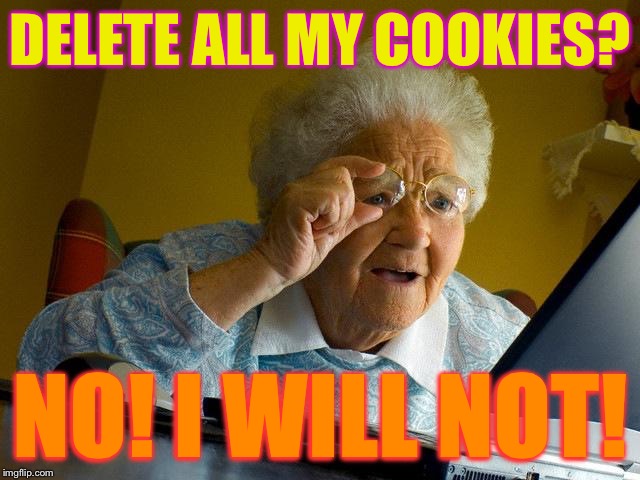 Don't tell Grandma to delete her cookies! | DELETE ALL MY COOKIES? NO! I WILL NOT! | image tagged in memes,grandma finds the internet | made w/ Imgflip meme maker