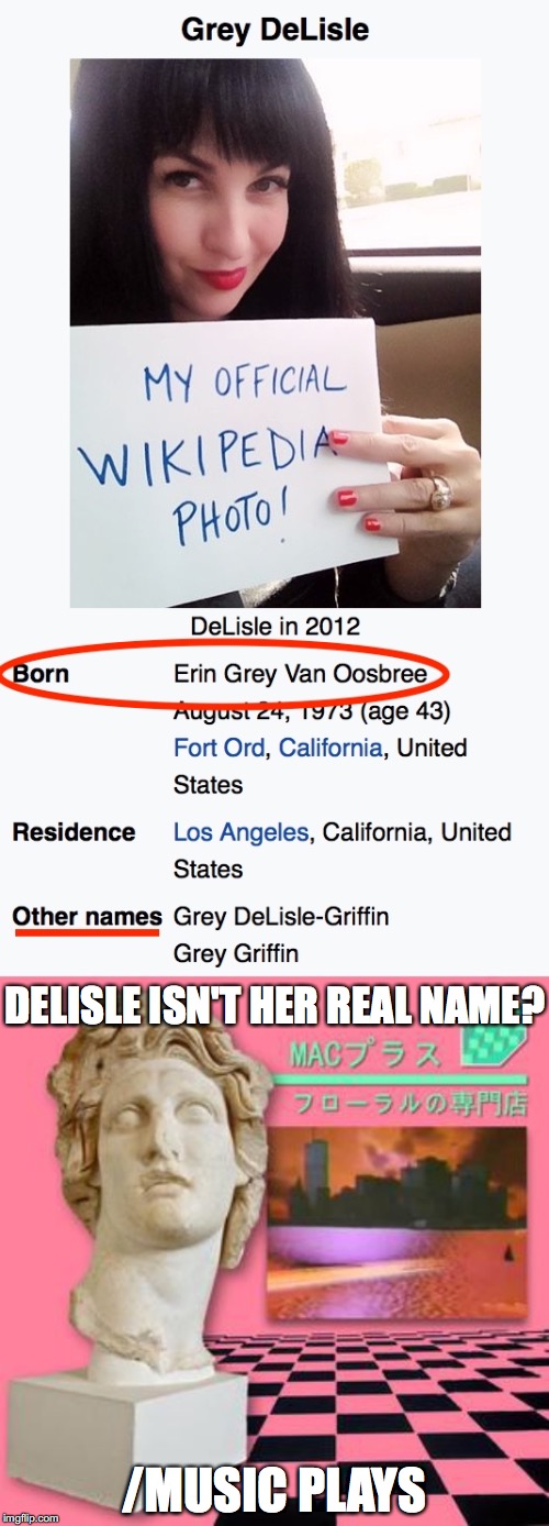 Looking up some voice actors when... | DELISLE ISN'T HER REAL NAME? /MUSIC PLAYS | image tagged in grey delisle,macintosh plus,vaporwave,420,wikipedia | made w/ Imgflip meme maker