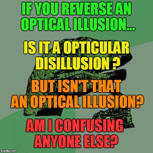 Philosoraptor | IF YOU REVERSE AN OPTICAL ILLUSION... IS IT A OPTICULAR DISILLUSION ? BUT ISN'T THAT AN OPTICAL ILLUSION? AM I CONFUSING ANYONE ELSE? | image tagged in memes,philosoraptor | made w/ Imgflip meme maker