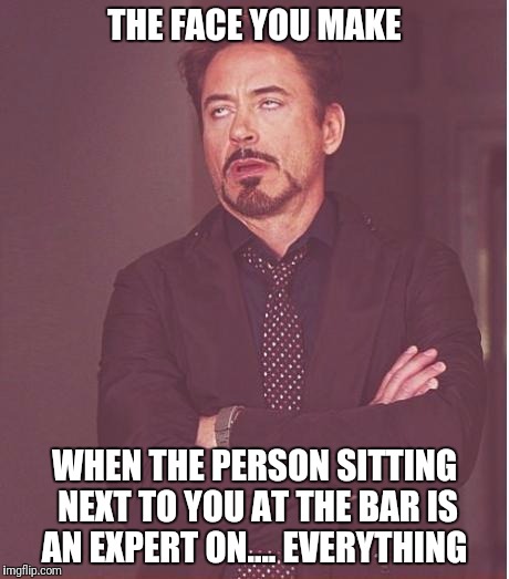 Face You Make Robert Downey Jr | THE FACE YOU MAKE; WHEN THE PERSON SITTING NEXT TO YOU AT THE BAR IS AN EXPERT ON.... EVERYTHING | image tagged in memes,face you make robert downey jr | made w/ Imgflip meme maker