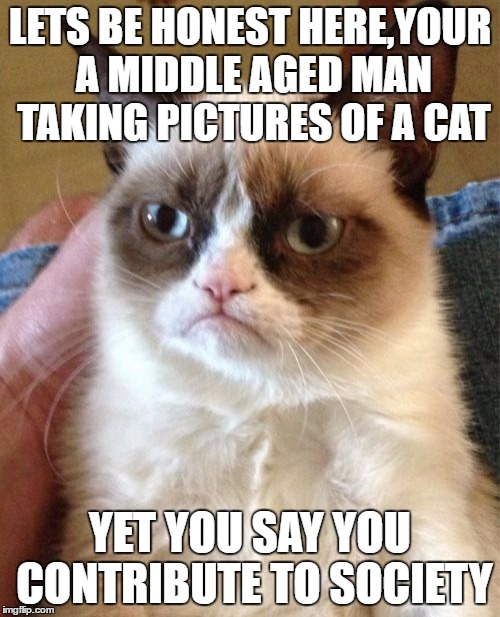 Grumpy Cat | LETS BE HONEST HERE,YOUR A MIDDLE AGED MAN TAKING PICTURES OF A CAT; YET YOU SAY YOU CONTRIBUTE TO SOCIETY | image tagged in memes,grumpy cat | made w/ Imgflip meme maker