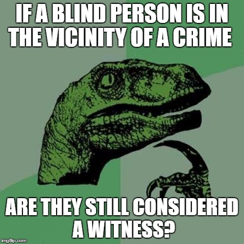 Philosoraptor | IF A BLIND PERSON IS IN THE VICINITY OF A CRIME; ARE THEY STILL CONSIDERED A WITNESS? | image tagged in memes,philosoraptor | made w/ Imgflip meme maker