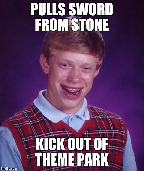 Bad Luck Brian Meme | PULLS SWORD FROM STONE KICK OUT OF THEME PARK | image tagged in memes,bad luck brian | made w/ Imgflip meme maker