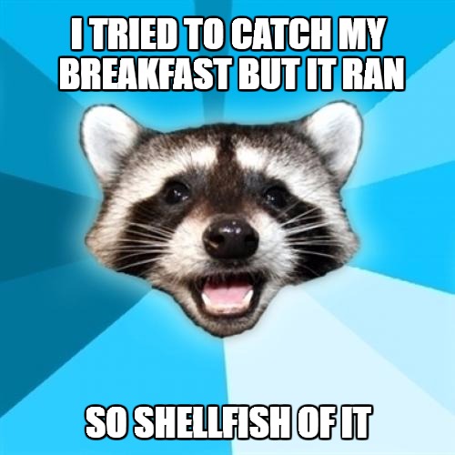 Shellfish | I TRIED TO CATCH MY BREAKFAST BUT IT RAN; SO SHELLFISH OF IT | image tagged in memes,lame pun coon | made w/ Imgflip meme maker