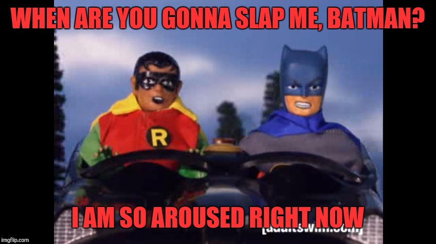 Robot Chicken Batman and Robin | WHEN ARE YOU GONNA SLAP ME, BATMAN? I AM SO AROUSED RIGHT NOW | image tagged in robot chicken batman and robin | made w/ Imgflip meme maker