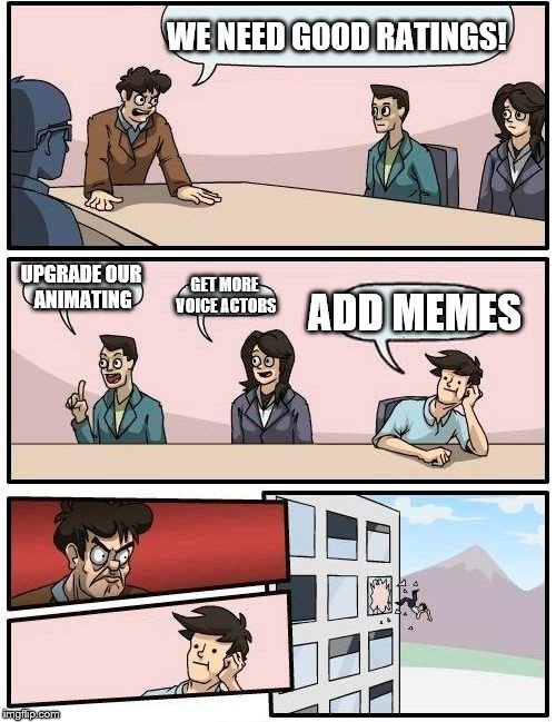 Boardroom Meeting Suggestion | WE NEED GOOD RATINGS! ADD MEMES; UPGRADE OUR ANIMATING; GET MORE VOICE ACTORS | image tagged in memes,boardroom meeting suggestion | made w/ Imgflip meme maker