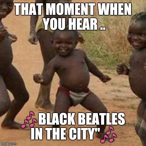 Third World Success Kid Meme | THAT MOMENT WHEN YOU HEAR .. 🎶BLACK BEATLES IN THE CITY"🎶 | image tagged in memes,third world success kid | made w/ Imgflip meme maker