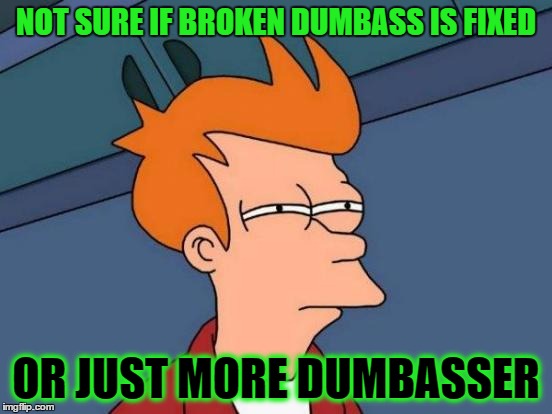 Futurama Fry Meme | NOT SURE IF BROKEN DUMBASS IS FIXED OR JUST MORE DUMBASSER | image tagged in memes,futurama fry | made w/ Imgflip meme maker