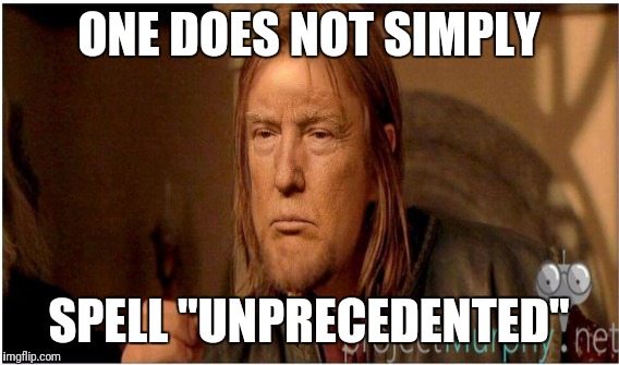 It's unpresidented | ONE DOES NOT SIMPLY; SPELL "UNPRECEDENTED" | image tagged in donald trump | made w/ Imgflip meme maker