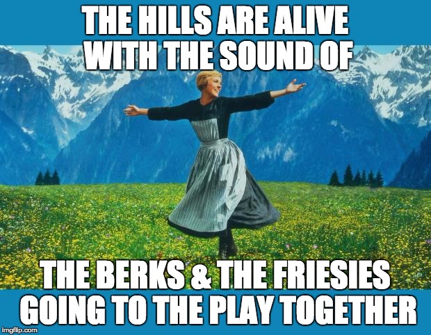 the sound of music happiness | THE HILLS ARE ALIVE WITH THE SOUND OF; THE BERKS & THE FRIESIES GOING TO THE PLAY TOGETHER | image tagged in the sound of music happiness | made w/ Imgflip meme maker