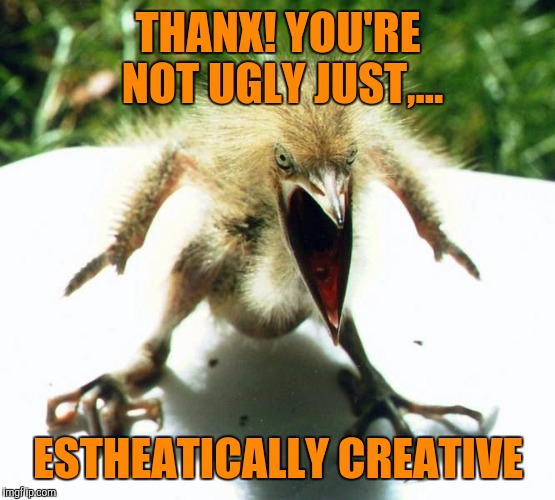 Angry bird | THANX! YOU'RE NOT UGLY JUST,... ESTHEATICALLY CREATIVE | image tagged in angry bird | made w/ Imgflip meme maker