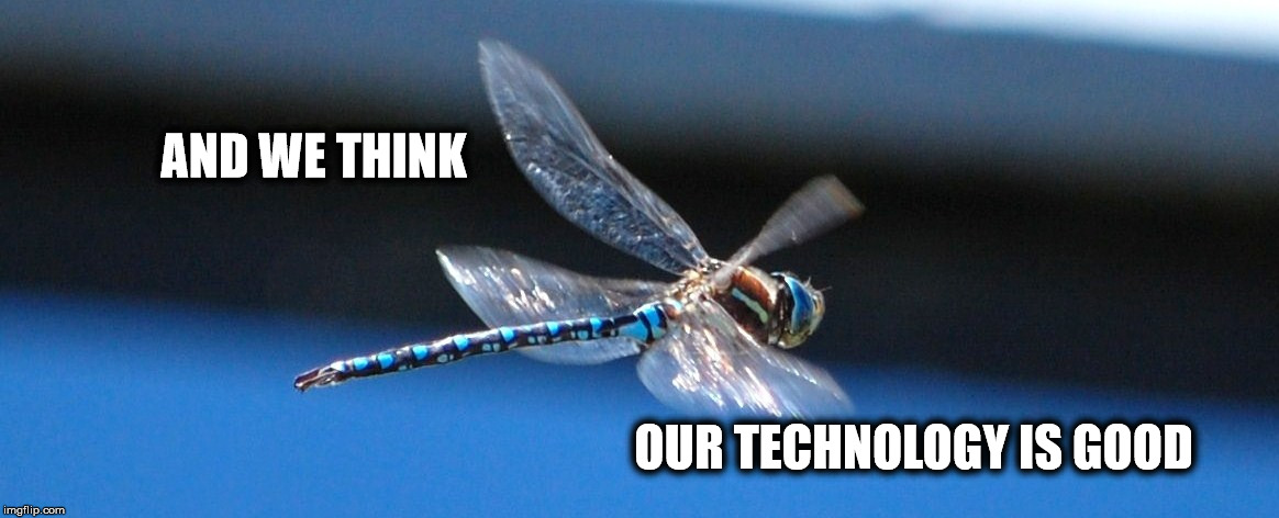 Natures Wonder | AND WE THINK; OUR TECHNOLOGY IS GOOD | image tagged in dragonfly in flight,technology,nature,natures wonder | made w/ Imgflip meme maker