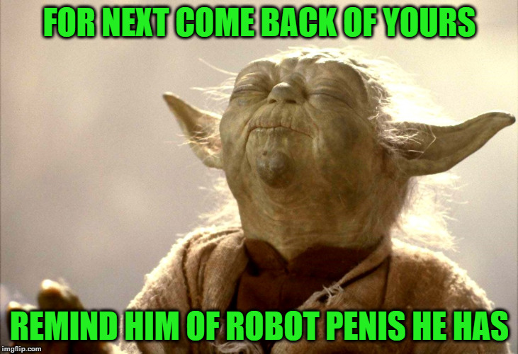 Yoda Is Very Pleased | FOR NEXT COME BACK OF YOURS REMIND HIM OF ROBOT P**IS HE HAS | image tagged in yoda is very pleased | made w/ Imgflip meme maker